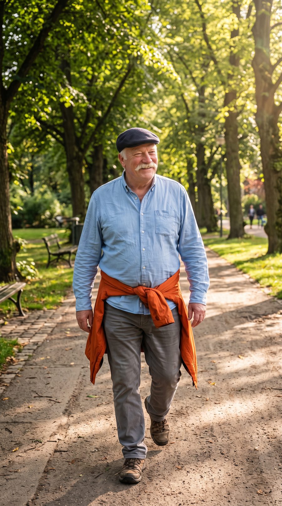 Wally Brandt, AI-created character, on a park path